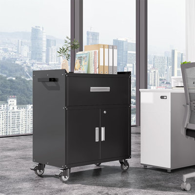 Armoire à outils roulante en métal avec 1 tiroir et 2 portes verrouillables, noire | Hauteur : 89 cm (35 po) | Étagère ajustable : 54 kg (120 lb) | Plateau supérieur : 90 kg (200 lb) | Quatre roulettes pivotantes | Poignée latérale | Idéal pour garage ou atelier