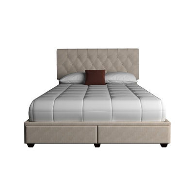 Grand lit tapissier beige avec rangement spacieux et 2 tiroirs décoratifs