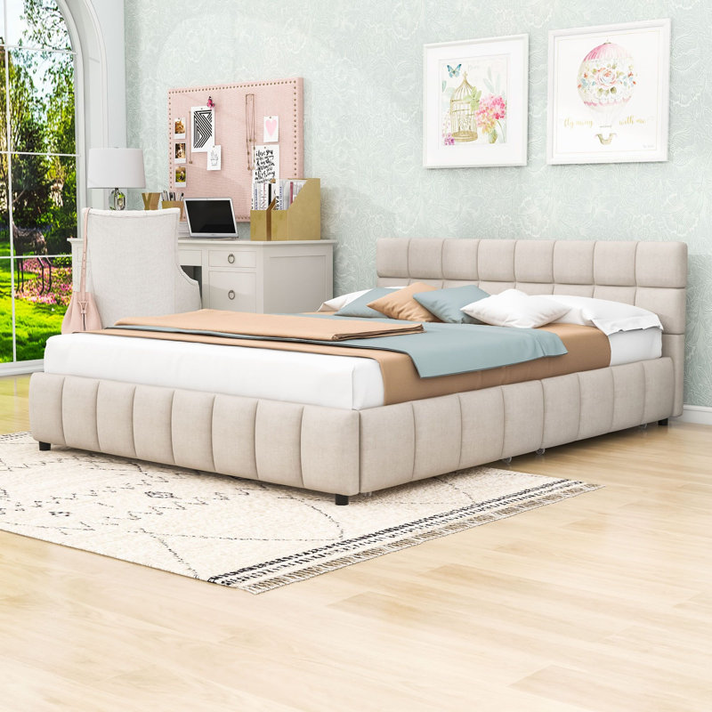 Lit plateforme rembourré Queen Size avec tête de lit capitonnée à carreaux et support central en acier, Beige