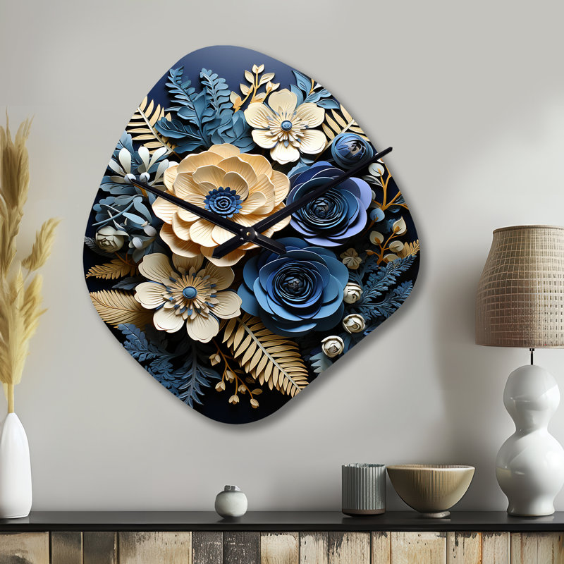 Horloge murale en forme de fougère bleue Indigo Tranquility Papercut II - fougères, Petit