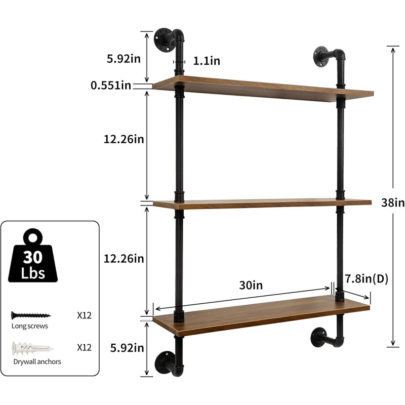 Tablette flottante industrielle à 3 niveaux à 3 niveaux - Étagère de rangement murale en bois rustique 30 pouces