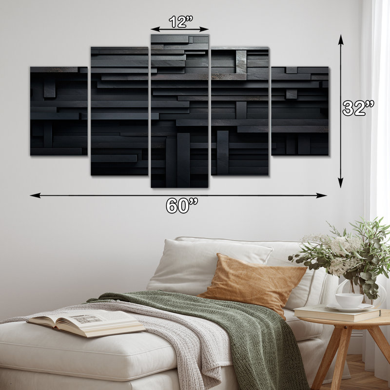 Dimensions du cube 3D en brique noire 3D - décoration murale géométrique moderne - 5 panneaux