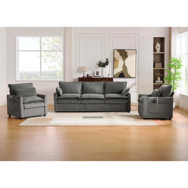 Ensemble de canapé rembourré gris moelleux et moelleux, coussin double couche et poches de rangement latérales pour le salon