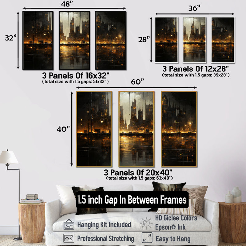 Nyc Cityscape Night Noir I - Ensemble de décorations murales City Buildings, Cadre flottant noir, H 40 po x l 60 po x P 1 po