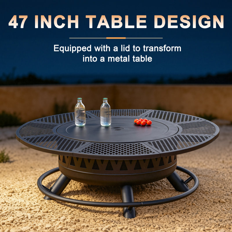Foyer d'extérieur au feu de bois 47 po 3-en-1 avec 2 barbecues - grand foyer au bois d'extérieur pour camping, pique-nique et feu de camp, table ronde en métal avec couvercle pour la cour, le patio et les fêtes