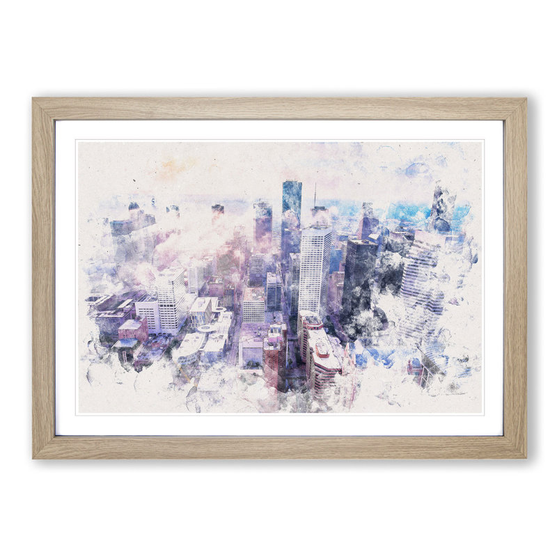Houston Texas Skyline - Picture Frame Painting Print, 36cm H x 48cm W x 2cm D, Oak Framed