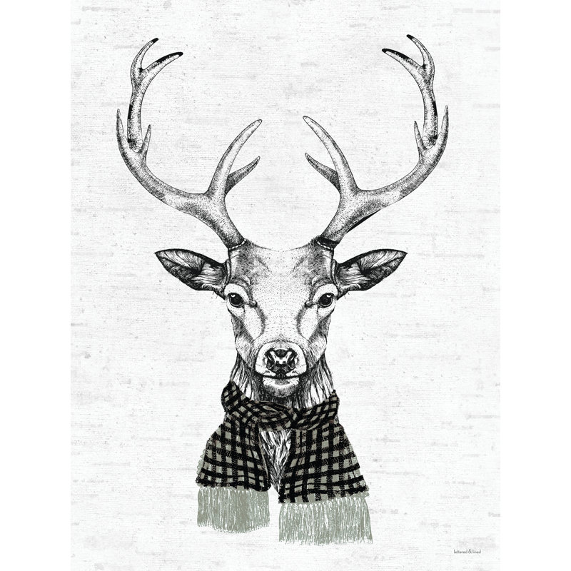 Chevreuil avec foulard écossais sur toile par impression à lettres et doublée, H 18 po x l 12 po x P 1,25 po
