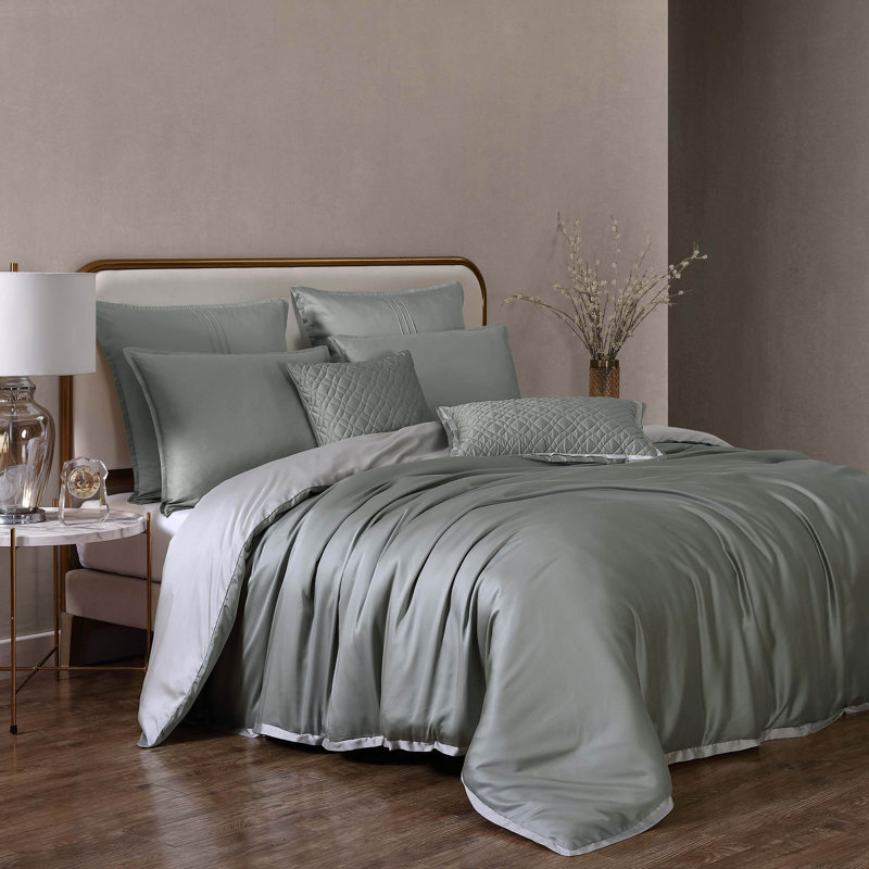 Literie Noble Tence Tencel Lyocell, Édredon grand + 2 taies d'oreiller, Vert / gris