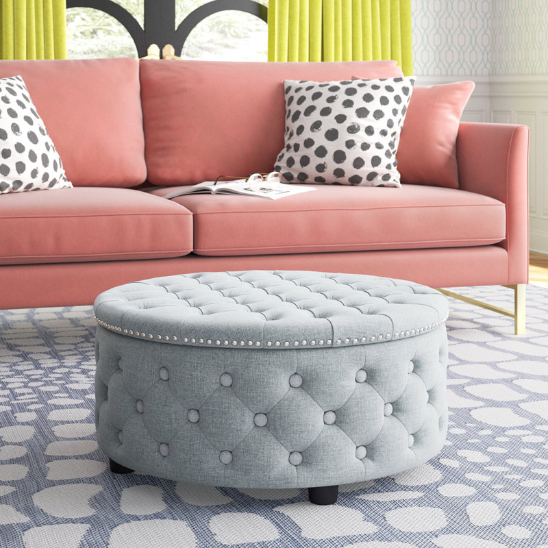 Acle 75cm Wide Tufted Round Solid Colour Cocktail Ottoman, Gray White