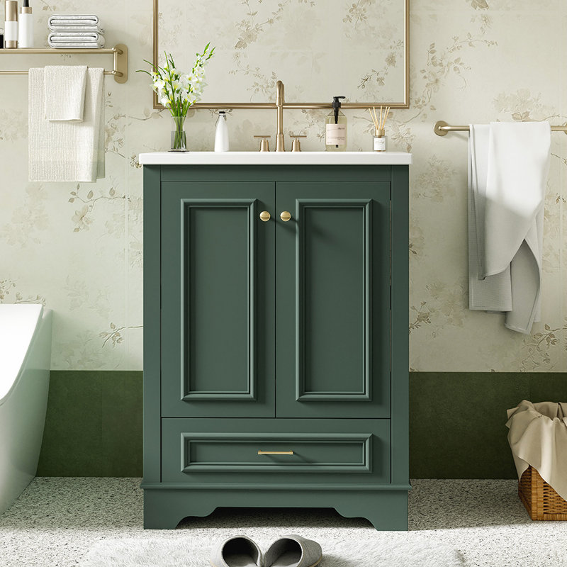 Ensemble de meuble-lavabo avec lavabo en céramique et poignées argentées, Vert