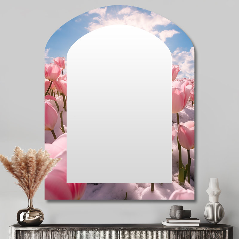 Pink Tulip Snow Sunny Landscape II - Tulips Asymmetrical Unique Wall Mirror Decor, Pink Arch Large Mirror, Printed Metal Art