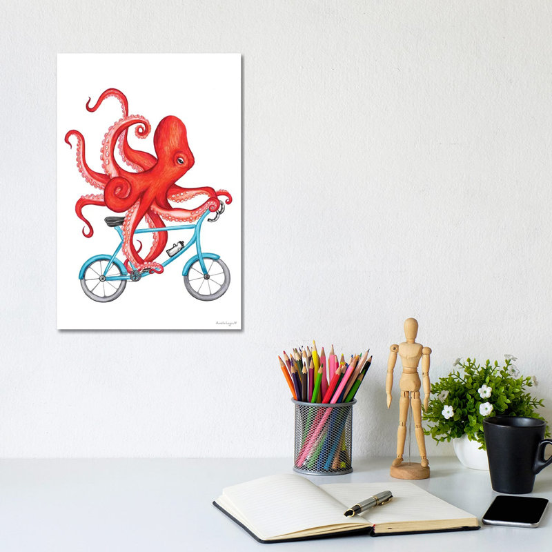 Octopus On Bike by Amélie Legault - Painting on Canvas, Wrapped Canvas, 30.48cm H x 20.32cm W x 1.91cm D