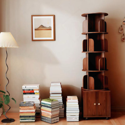 Bibliothèque rotative, bibliothèque d'angle à 5 niveaux à 360 degrés avec tiroir pour petit espace, étagère de rangement sur pied, étagère en bois étroite pour la chambre à coucher (WALNUT)