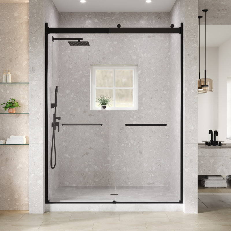 Eviva Luxor 60 In. W X 78 In. H Sliding Frameless Shower Door In Matte Black With Tempered Glass, Matte Black