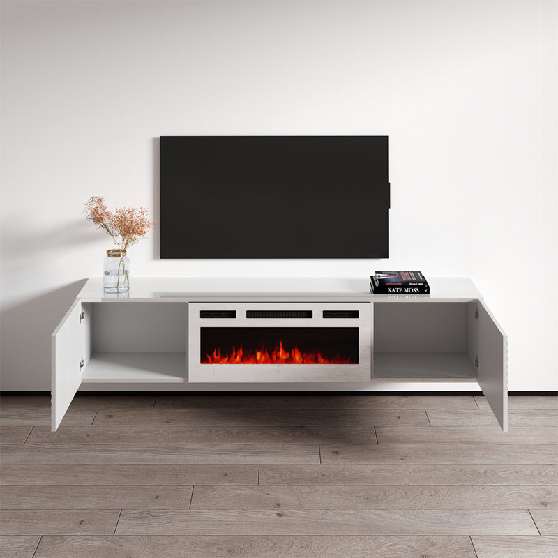 Attalla 70.9" Modern TV Stand with Electric Fireplace, High Gloss Finish, Wall-Mounted, White