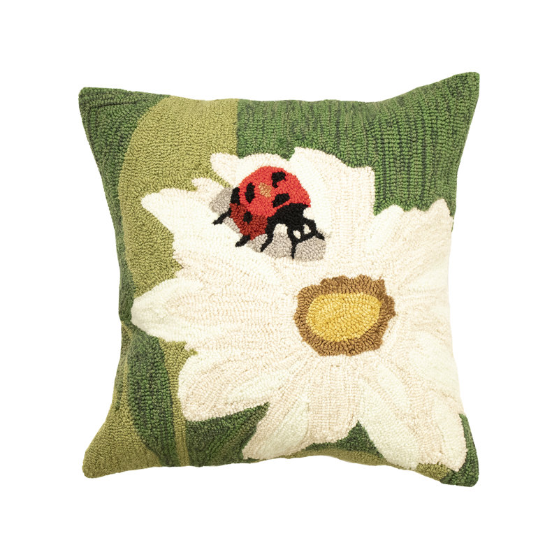 Green and White Floral Ladybug Accent Pillow