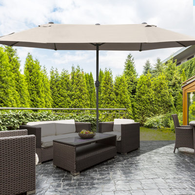 Parasol de marché rectangulaire à double face de 15 pi avec base, grande protection solaire pour le patio avec manivelle pour terrasse et piscine, café | Idée de cadeau
