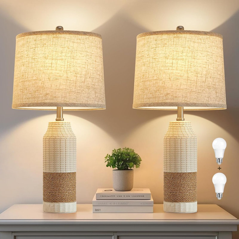 Boho Table Lamps Set Of 2, Rattan Bedside Lamps With 3 Co...
