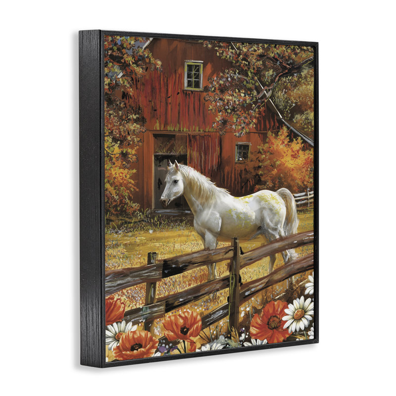 «Country Horse Autumn Barn», estampe numérique, conception par Ed Wargo, H 30 po x l 24 po, Giclée encadrée noir minuit