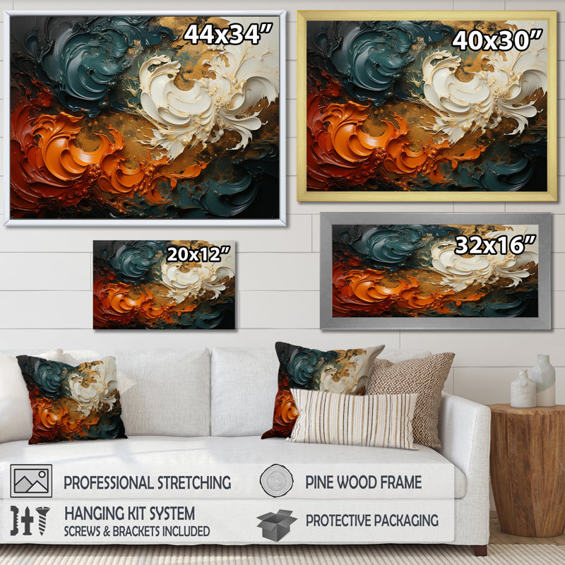 Orange et vagues ondulées oranges et mélodie II - art mural abstrait, H 24 po x l 32 po x P 1 po, Cadre flottant noir