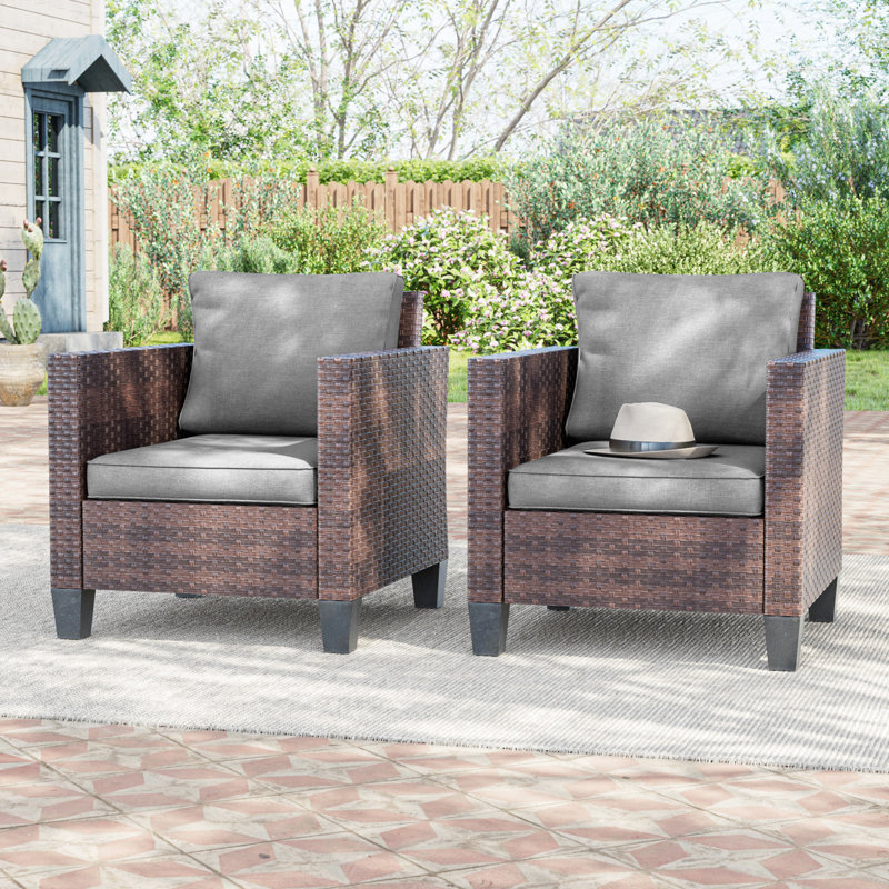 2-Set Outdoor Brown PE Wicker Chairs Wide Seat High Back Chair With Cushions Design for Lawn, Patio and Porch, Gray, Brown