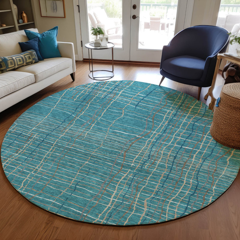 Teal and Beige Round Synthetic Flat Woven Rug