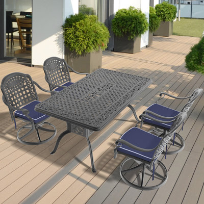 5 Cast Aluminum Outdoor Dining , 4 Rotating Chairs & Rectangular Table, Black, Weather , Fade Back Cushions All-Weather Swivel To Changes, Wrinkle