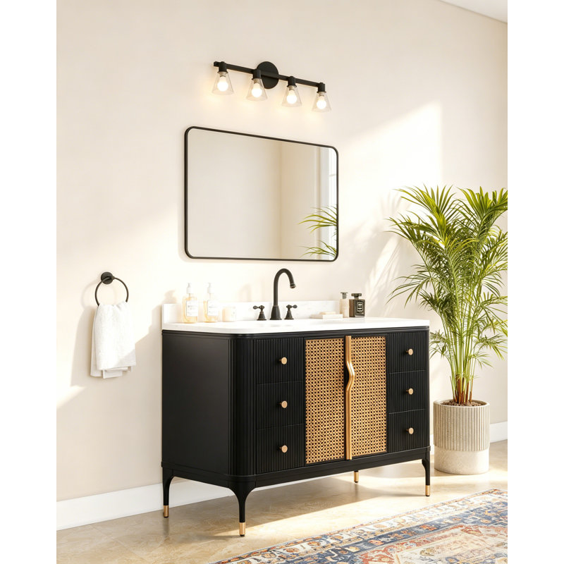 Meuble-lavabo autoportant en bois massif 48 po Mid-Century Glam, Noir, noir, noir, noir