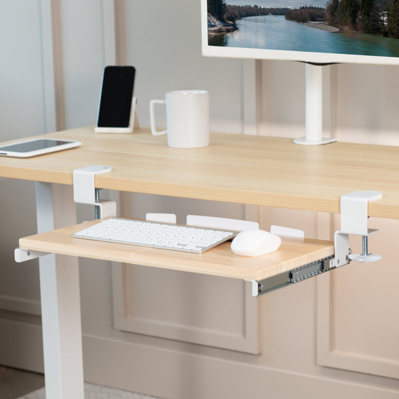 Light Wood Adjustable Clamp-On Keyboard Tray with Drawer