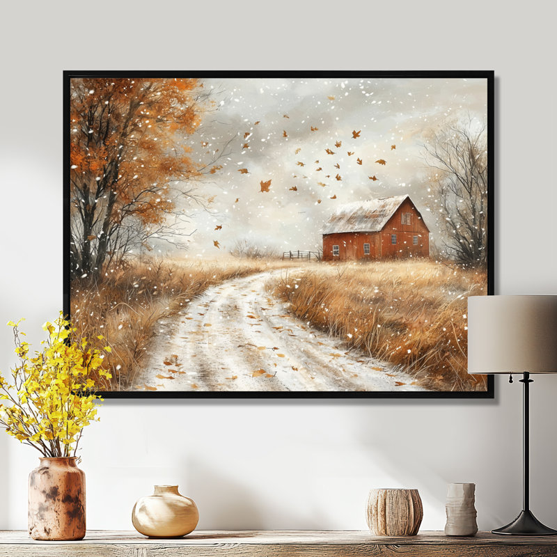 Dreketi Windy Prairie Leaves Path To The Barn III - feuilles, art mural, H 16 po x l 32 po, Impression encadrée flottante