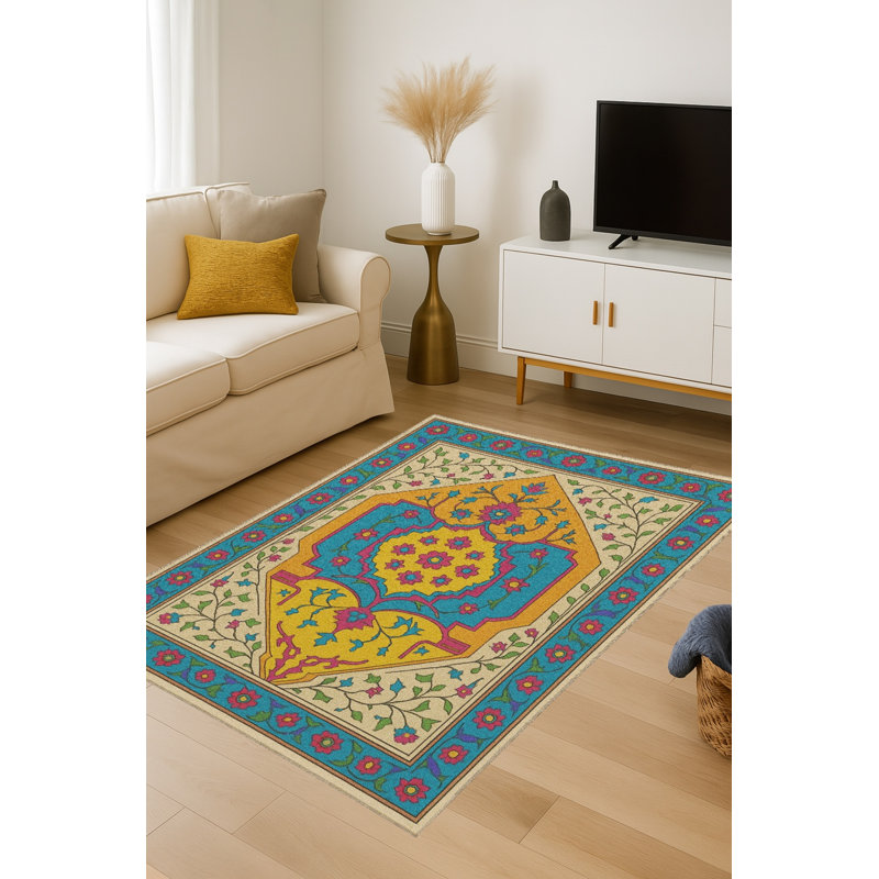 Tapis bleu tissé à envers lavable traditionnel Mosso, 3'3" x 4'11"