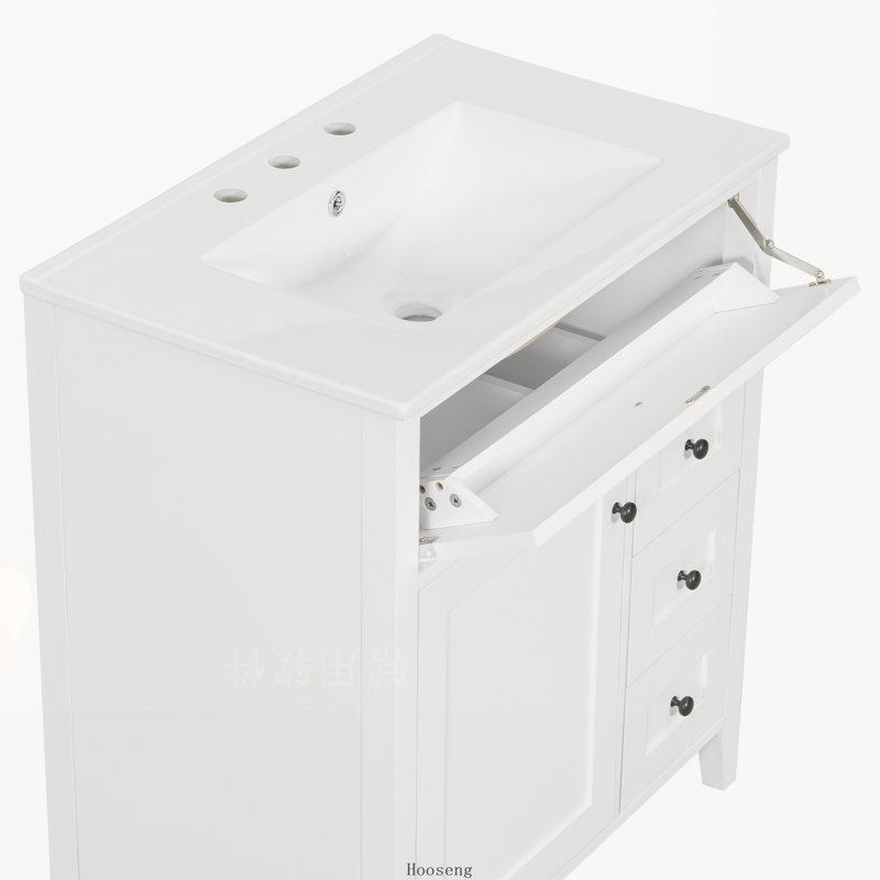 Meuble-lavabo autoportant 36 po avec comptoir d'évier, panneau de fibres à densité moyenne et bois d'hévéa avec 3 tiroirs et tablette réglable, conception à charnière gauche, gris
