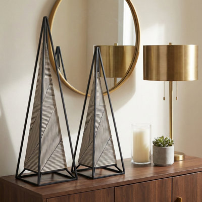 Modern Pyramid Sculpture Objects for Home Decor - Decorative Metal Frame Accent for Living Room Decoration - Set of 2, 26",21", Black & White