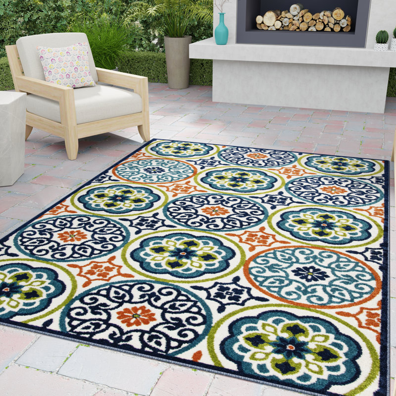 Tapis intérieur / extérieur en polypropylène touffeté à la machine géométrique bleu, Rectangle 9 pi 10 po x 12 pi 10 po