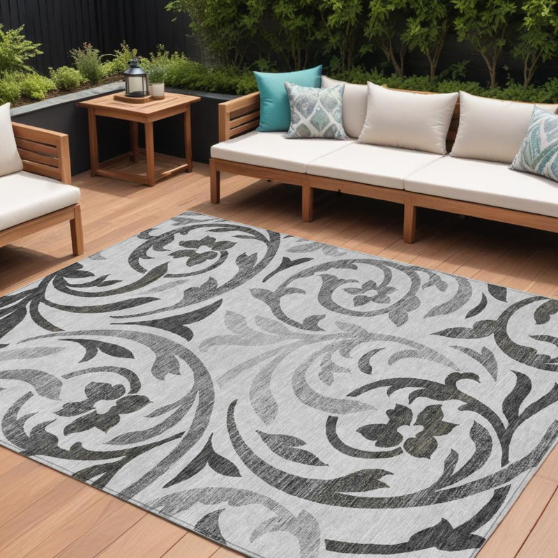 Tapis d'intérieur gris anthracite lavable floral gris 10 pi x 14 pi