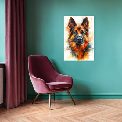Aquarelle, berger allemand, art contemporain coloré, portrait de chien