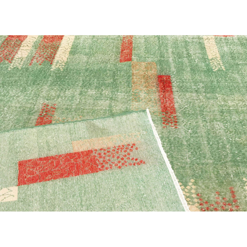 Tapis unique en laine noué à la main de style années 1960 de 6 pi 10 po x 10 pi 1 po vert / rouge