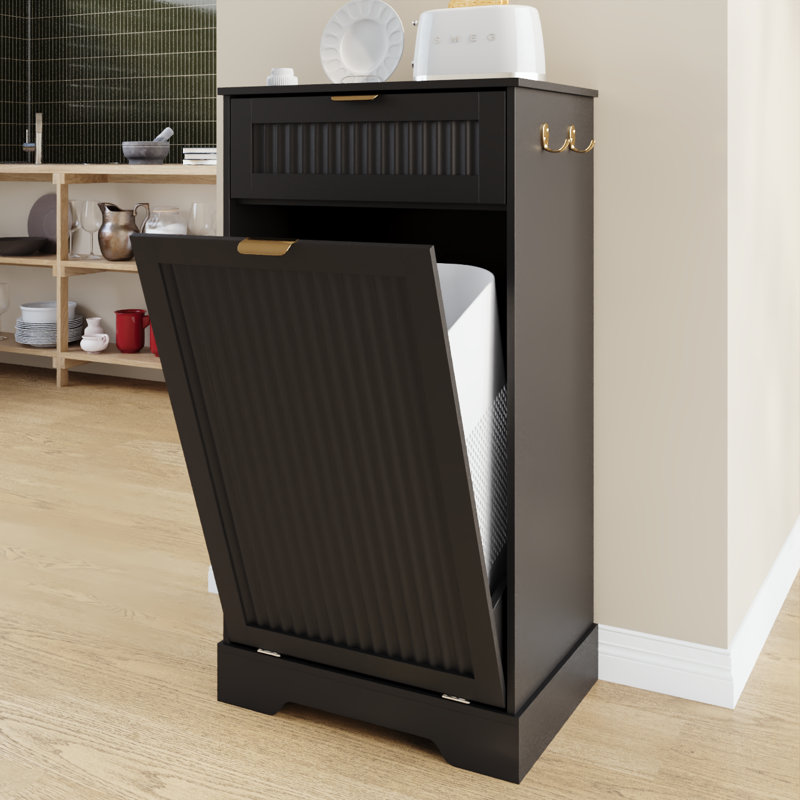 Meuble de poubelle basculant de 10 gallons, armoire à ordures dissimulée cannelée avec tiroir et crochets pour cuisine et salle de bain (poubelle non incluse)