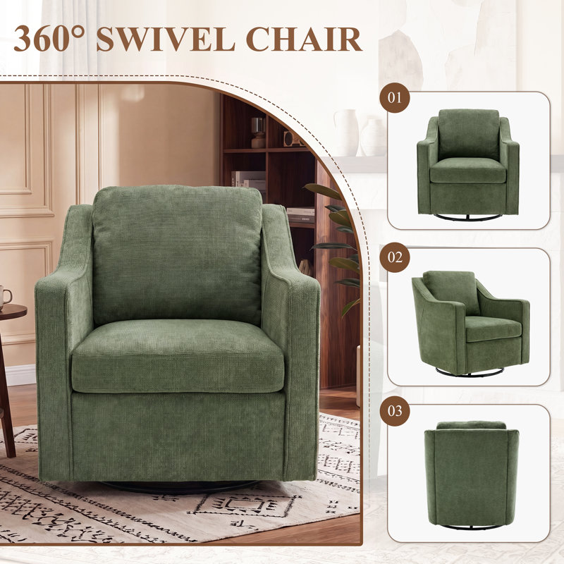 Modern Swivel Armchair W/ Removable Cushions, 360° Rotation & Thick Padding for Living Room, Green