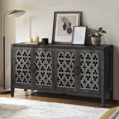 59.8" Kitchen Storage Cabinet Credenza with 4 Convex pattern diamond Doors and 2 Shelves
