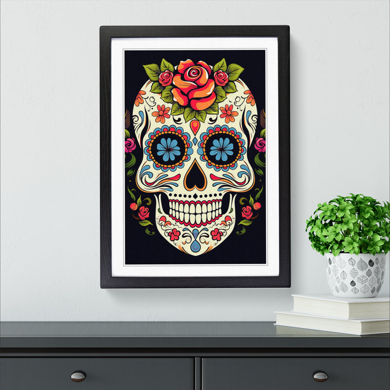 Sugar Skull Line No.4 - Single Picture Frame Print on Wood, 34cm H x 25cm W x 2cm D, Black