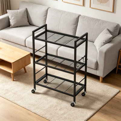 3-Tier Metal Storage Rack with Industrial Wheels, Mesh Shelving Unit with Wooden Tabletop, Adjustable Shelf, 23.6-Inch Wide, for Kitchen, Laundry, Pantry, Plant Organization