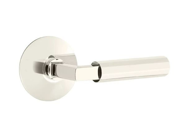Mortaise intérieure Emtek Select avec rosette moderne et tige carrée en L, levier à facettes, Nickel poli, Oui
