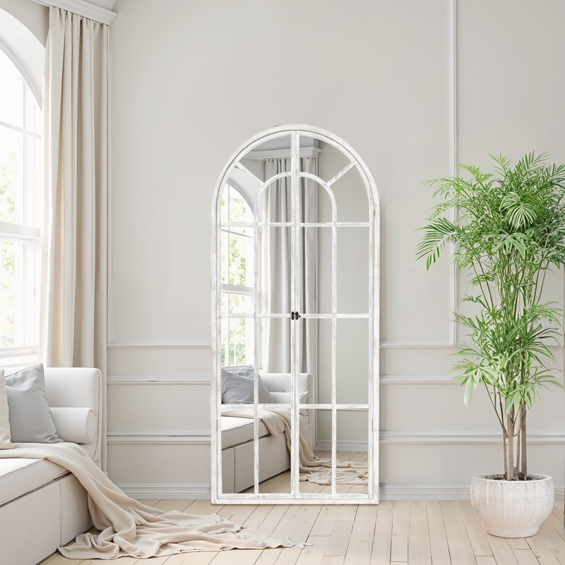 71"×31" Arch Wood Full Length Wall Mirror with Window Pane Frame, Weathered White, 1