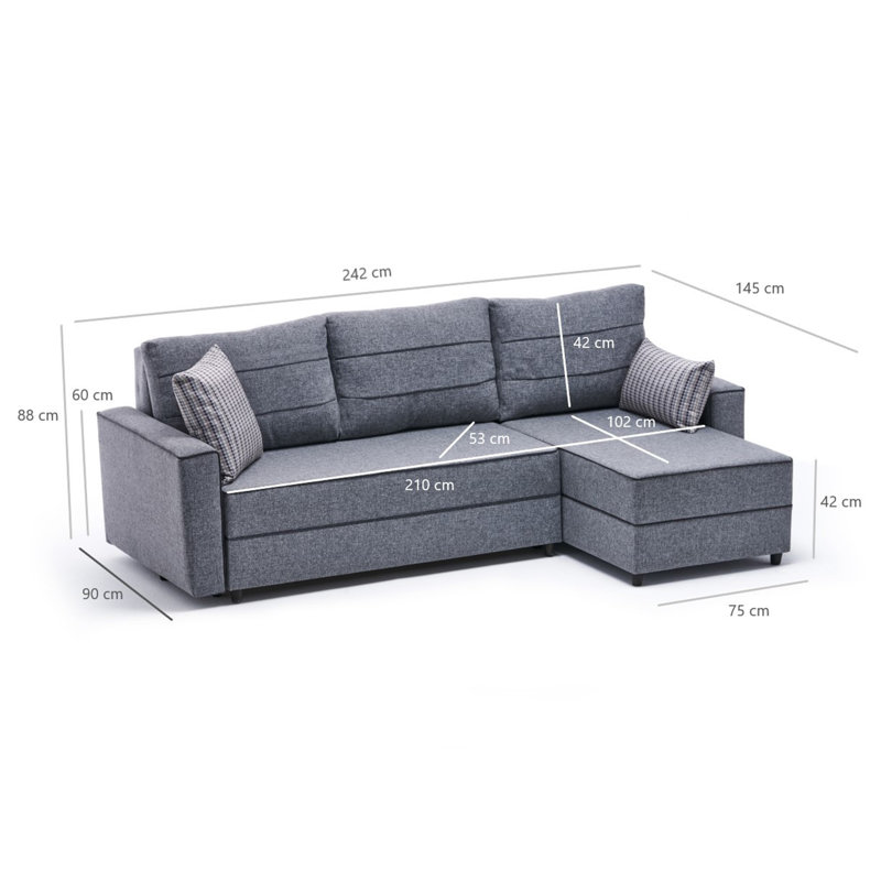 Canapé-lit large de 95,3 po Ellayna, 100 % polyester gris, Accoudoir à droite (vu de face)