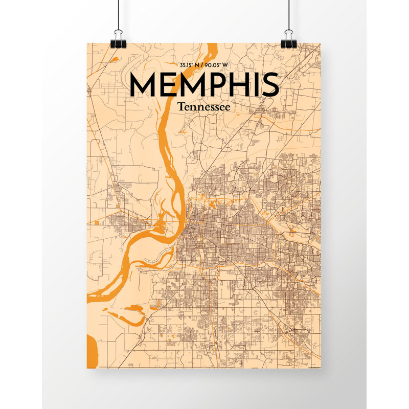 «Memphis City Map», reproduction d'impression sur affiche en orange clair, H 17 po x l 11 po