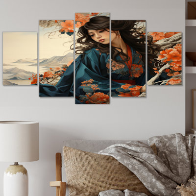 «Japon Art Ukiyoe Reverie Of Woman V», reproduction d'art sur toile japonaise - 5 panneaux
