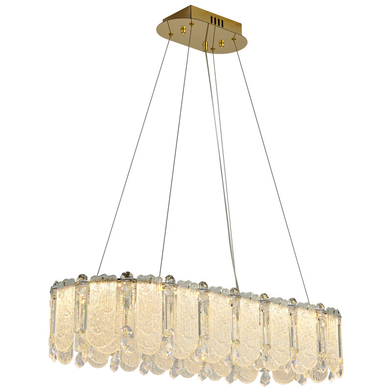 Kunihiro Modern LED Rectangular Double-Layer Golden Crystal Chandelier, Height-Adjustable