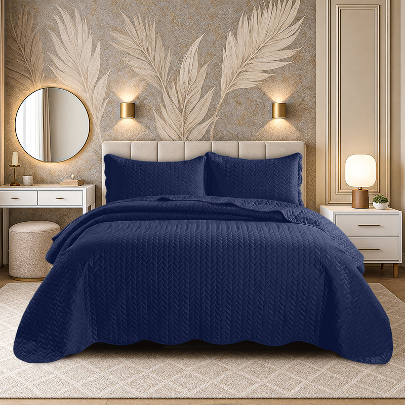 Ensemble de couvre-lit matelassé en microfibre embossée, California King Comforter + 2 Standard Shams, Blue