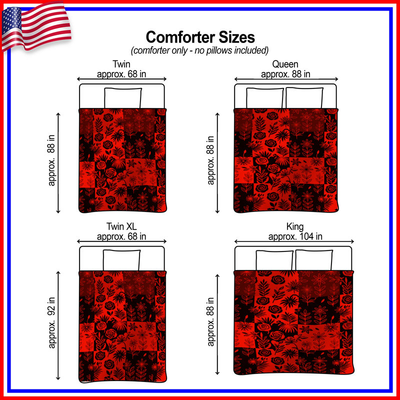Red Black Floral Pattern Comforter, Twin Extra Long